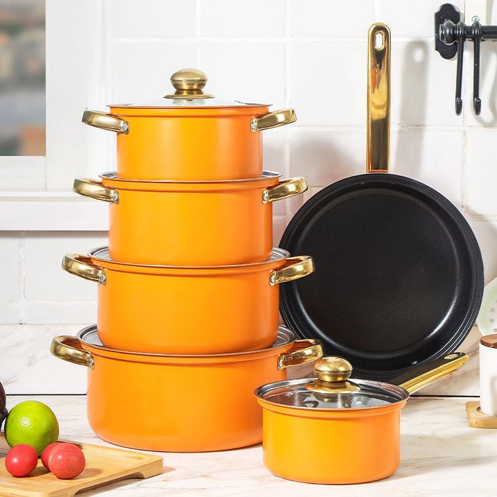 Hot Wholesale 12 PCS Orange Stainless Steel Pots And Pan Set Nonstick Cookware Set With lid Milk Pot Cooking Pot
