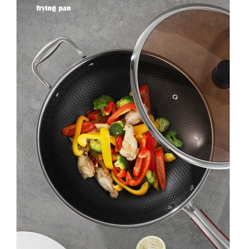 home Kitchen Cookware 34cm Tri ply Stainless steel 304 nonstick frying pan Double handles wok