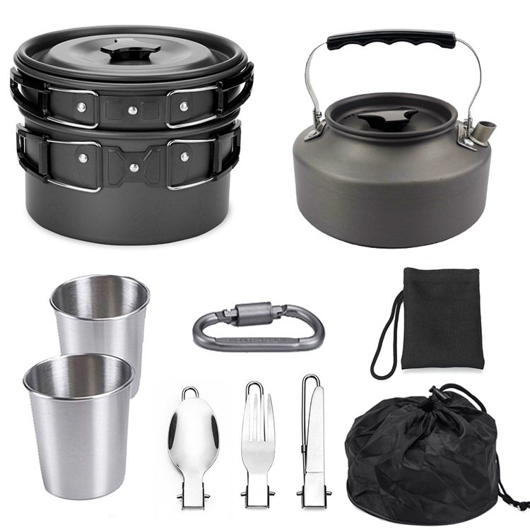 Custom OEM outdoor camping cookware set for 2-3 people kettle combination portable hard anodized aluminum alloy picnic pot