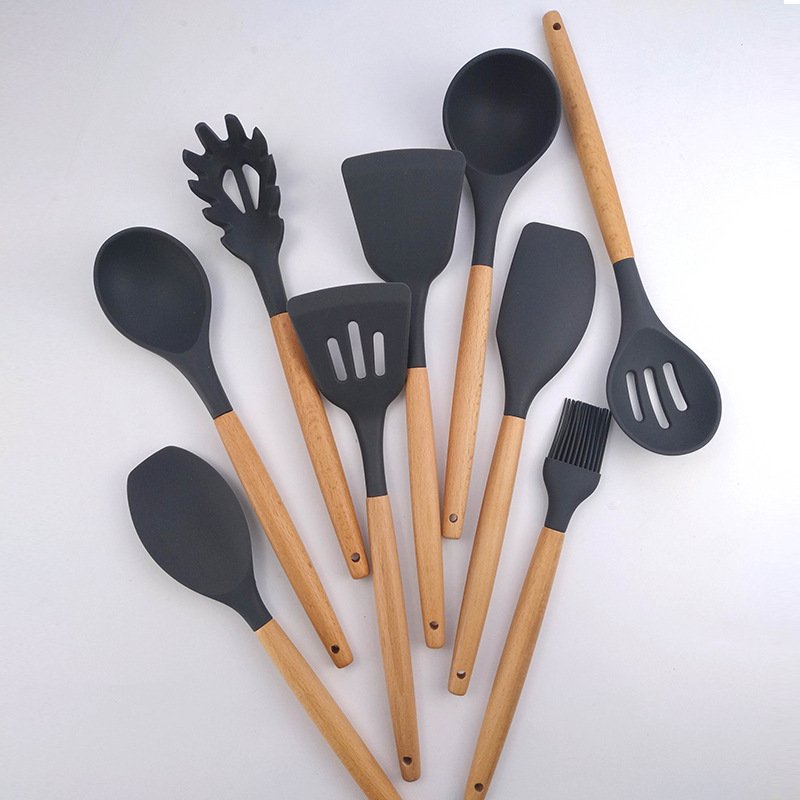 Wooden Handle Silicone Kitchen Cooking Utensils Non-stick Cookware Set