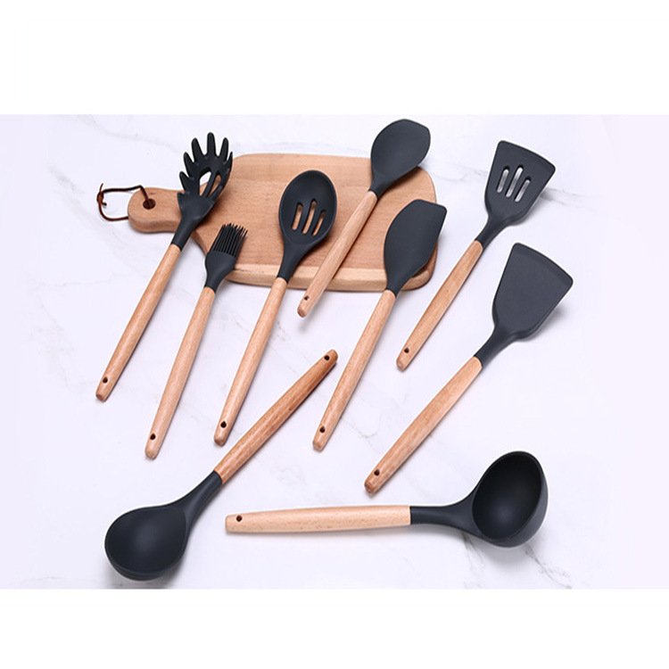 Wooden Handle Silicone Kitchen Cooking Utensils Non-stick Cookware Set