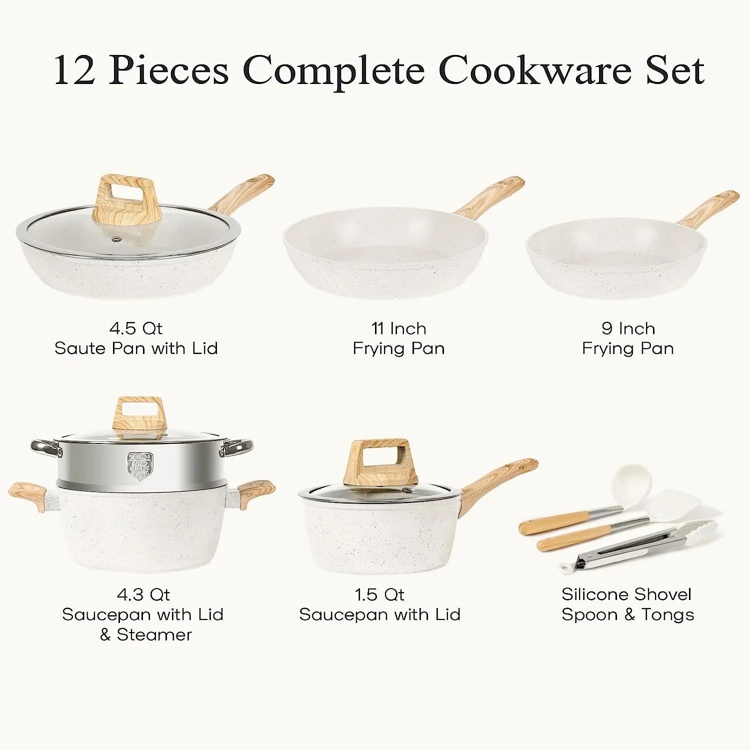 17-Piece Pots and Pans Set Non Stick, Nonstick Kitchen Cookware Sets, Induction Cookware Sets with wooden Handle, White