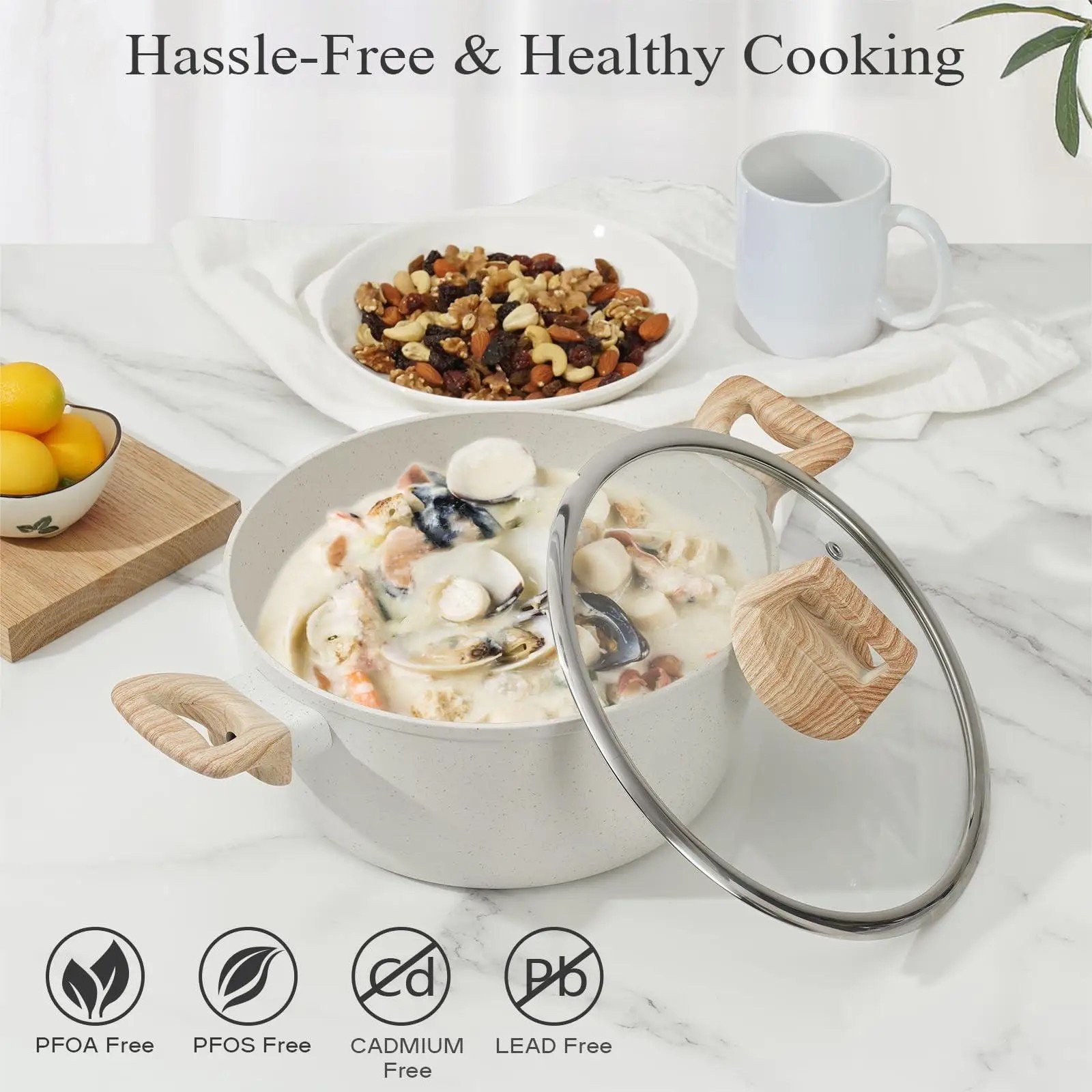 17-Piece Pots and Pans Set Non Stick, Nonstick Kitchen Cookware Sets, Induction Cookware Sets with wooden Handle, White