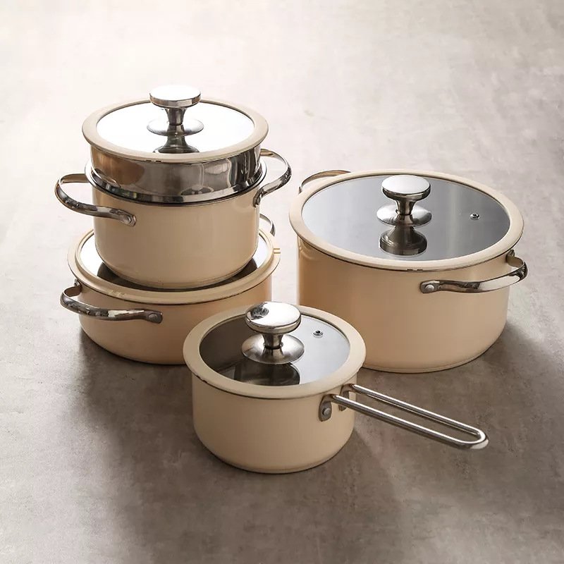 Hot Selling Nonstick Soup Pot Pan Kitchen Cooking Set Stainless Steel with Silicone Glass Lid Custom Logo for kitchen set pots