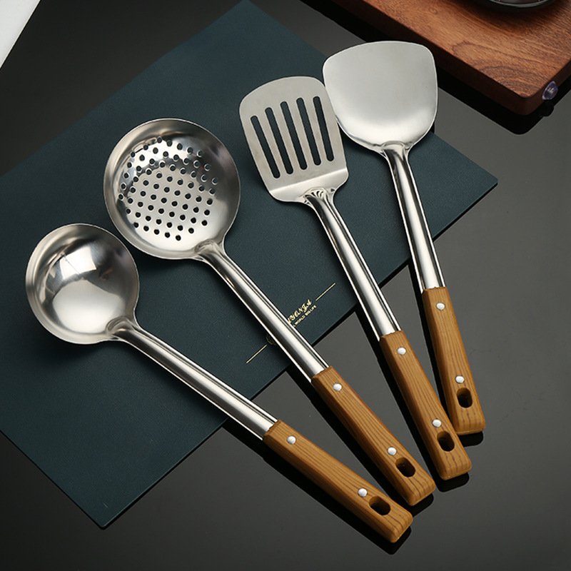 Stainless steel spatula home and kitchen colander spoon ladle wood grain handle insulation kitchenware cooking 5pcs utensil set