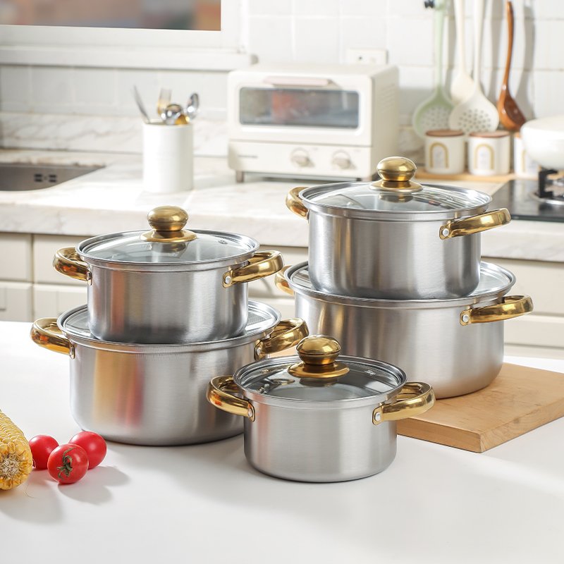 18/20/22/24/26CM Cookware Sets High-quality Popular sliver stainless steel gold handle Pot Set Cookware Set 5PCS