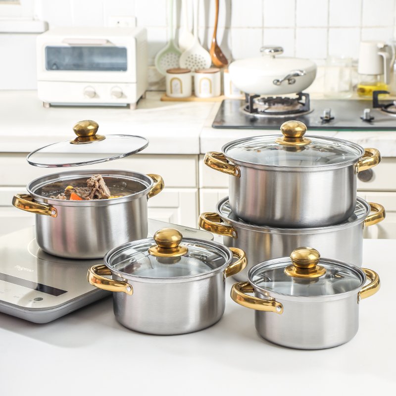 18/20/22/24/26CM Cookware Sets High-quality Popular sliver stainless steel gold handle Pot Set Cookware Set 5PCS