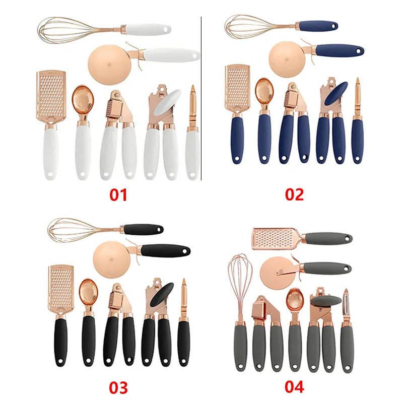 7 Pcs Kitchen Tools Set Mixed Colors Stainless Steel Utensils With Soft Touch Pink Handles