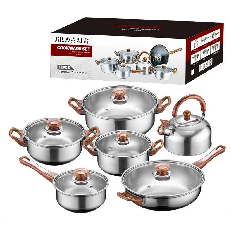 Factory 12-Piece Korean Cookware Set Kettle Stainless Steel Pots Non Stick Frying Pan Kitchen Stock Pot Cooking Pots Set