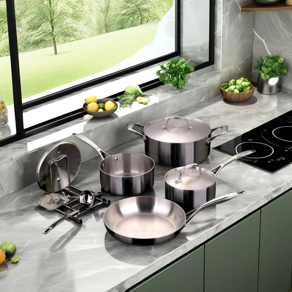 iintelli 10-Piece Cookware Set Tri-Ply Stainless Steel 304 3 Layers with Sustainable Features and Stainless Steel Lid