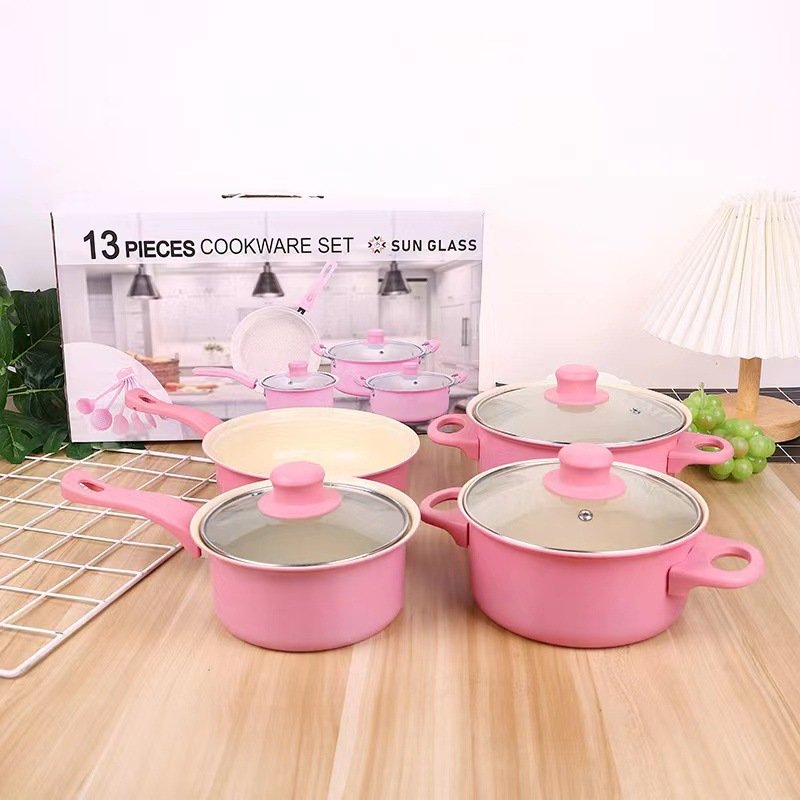 New Design Pink Coating Non-Stick Aluminum Cookware Set Sustainable Metal Kitchen Pan and Pot with Stainless Steel Handles