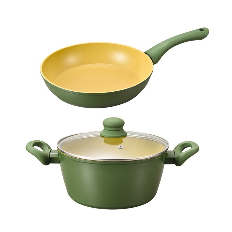 High Quality 3PCS Green Aluminum Induction Kitchen Non-stick Cookware Set Pot and Frying Pan Cookware Set