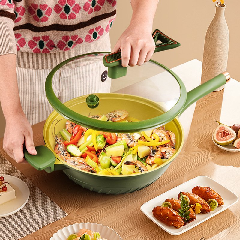 High Quality 3PCS Green Aluminum Induction Kitchen Non-stick Cookware Set Pot and Frying Pan Cookware Set