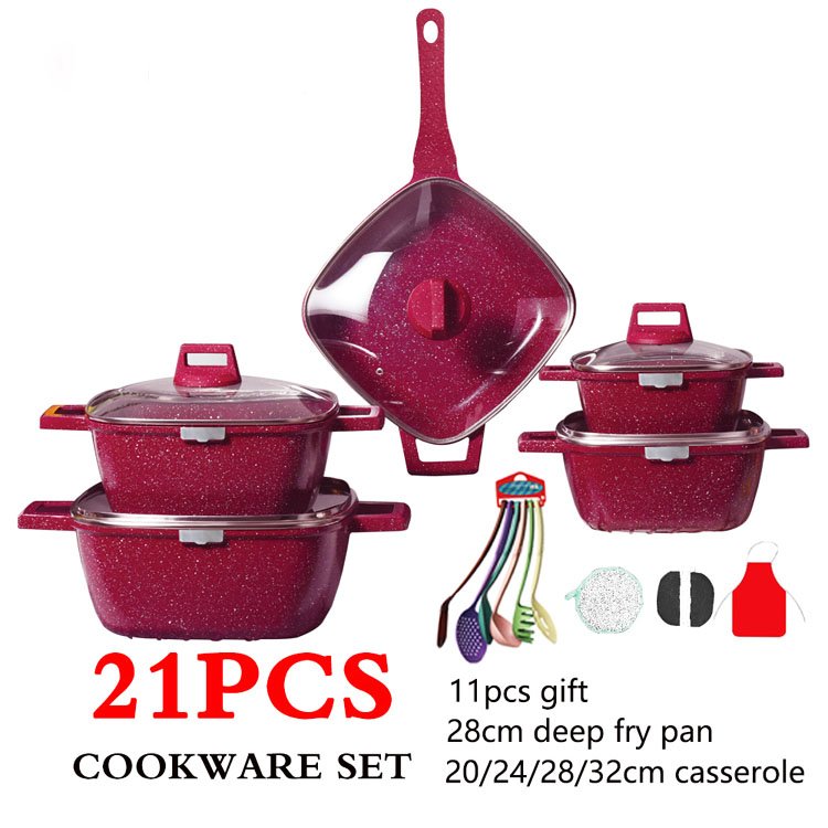 Hot sale 21piece /Set Aluminum Cooking Pot High-quality Frying Pan Non Stick Cookware Set Square Frying Pan Set