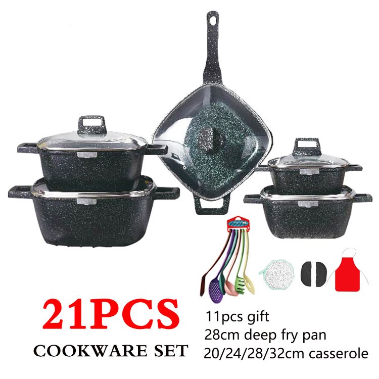 Hot sale 21piece /Set Aluminum Cooking Pot High-quality Frying Pan Non Stick Cookware Set Square Frying Pan Set