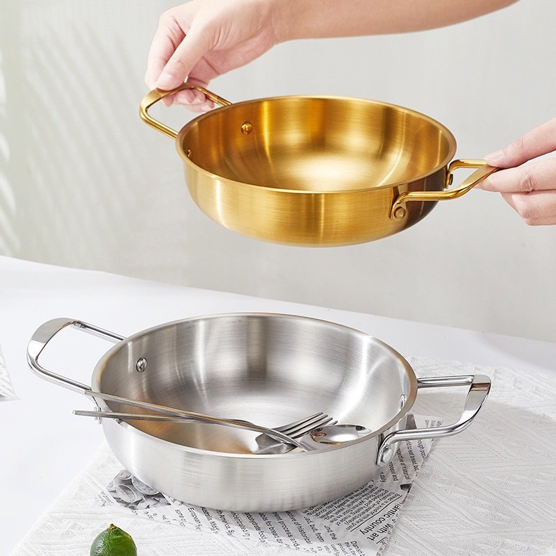 Luxury Cast Iron Korean Stainless Steel Wok Double-Ear Fry Pan Non-Stick sliver Outdoor Hot Pot Commercial Metal Cookware Sets