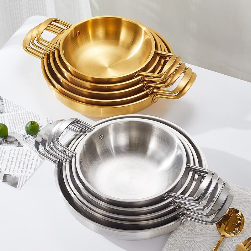 Luxury Cast Iron Korean Stainless Steel Wok Double-Ear Fry Pan Non-Stick sliver Outdoor Hot Pot Commercial Metal Cookware Sets