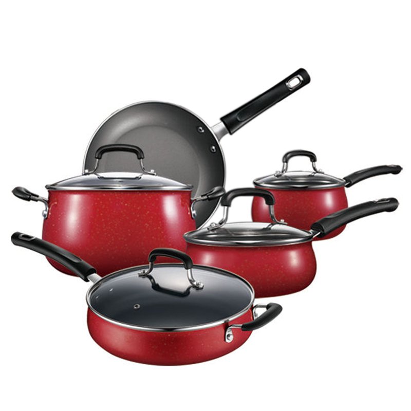 Red Enamel Non Stick Cookware Set Silicone Handle Cooking Aluminum Utensil Sets 9 Pieces Cookware Set Kitchen