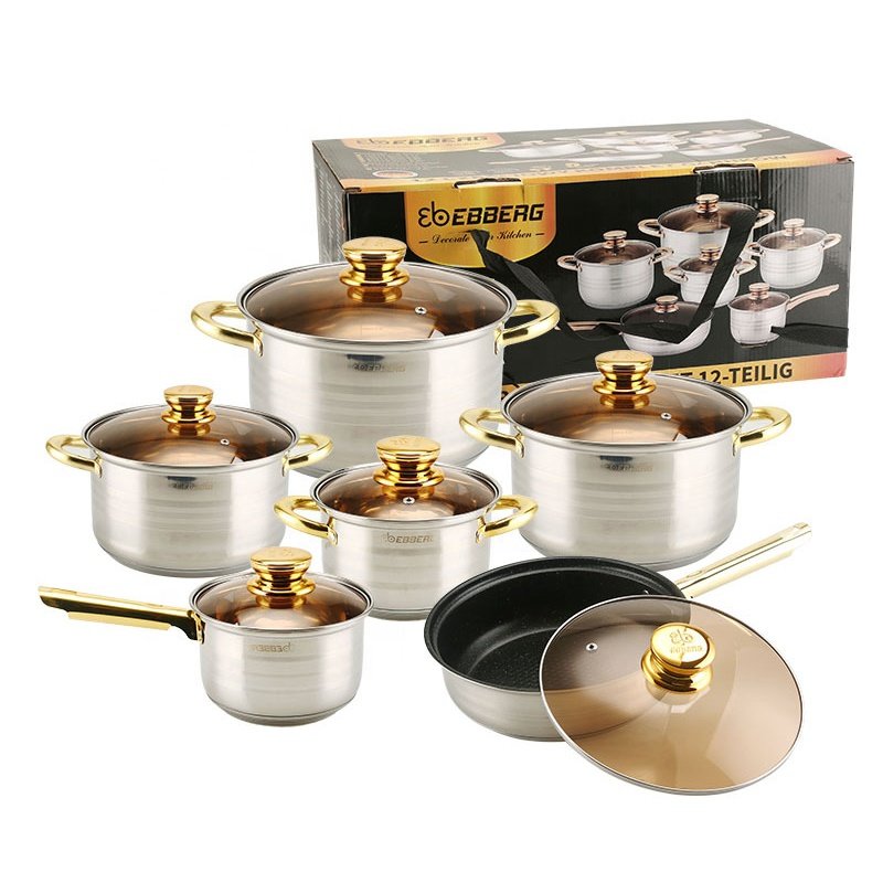 Hot Selling 12 PCS Stainless Steel Cookware Sets Non-stick Gold Casseroles Cooking Pot Sets With Handle
