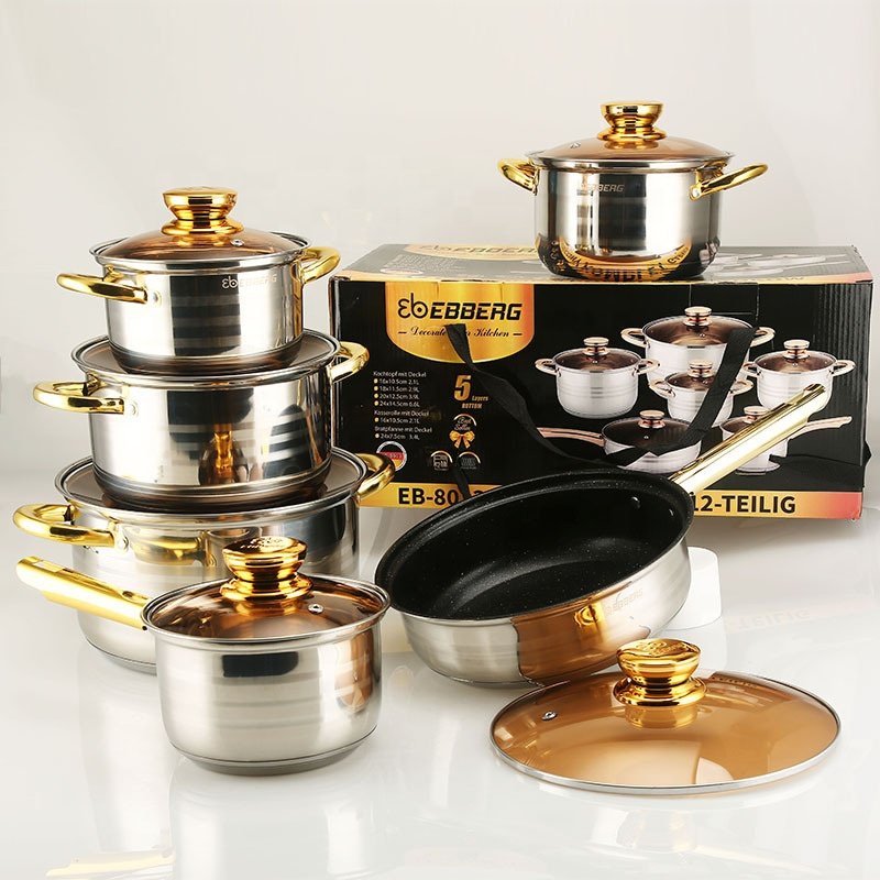 Hot Selling 12 PCS Stainless Steel Cookware Sets Non-stick Gold Casseroles Cooking Pot Sets With Handle