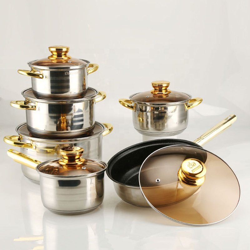 Hot Selling 12 PCS Stainless Steel Cookware Sets Non-stick Gold Casseroles Cooking Pot Sets With Handle