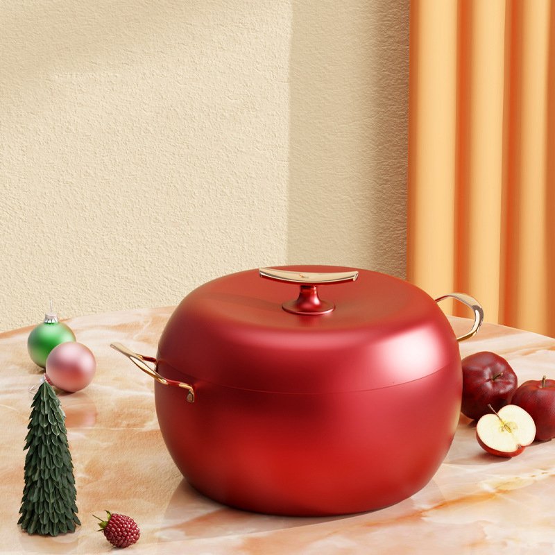 Cast Iron Red Apple Shape Medical Stone Non Stick Soup Stock Pot With Lid