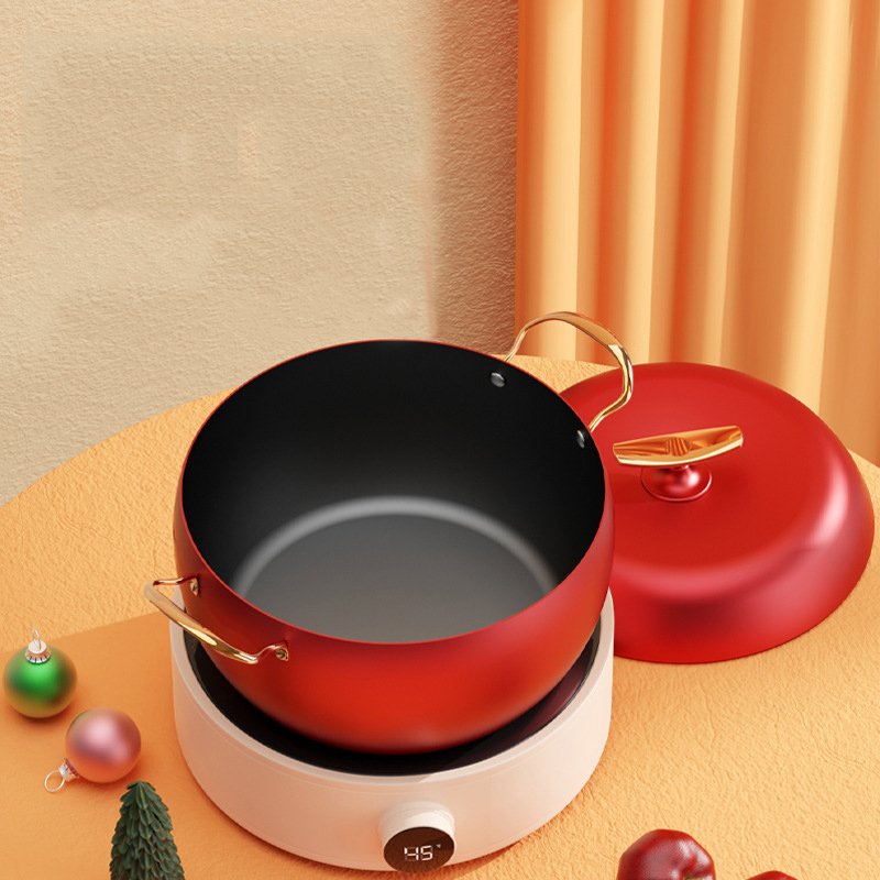 Cast Iron Red Apple Shape Medical Stone Non Stick Soup Stock Pot With Lid