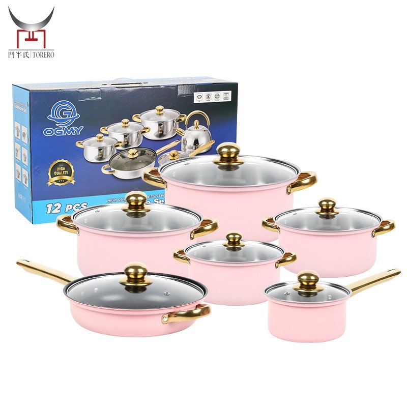 12pcs Stainless steel cooking pot set cookware set nonstick frying pan with Lid steamer household kitchen accessories utensil