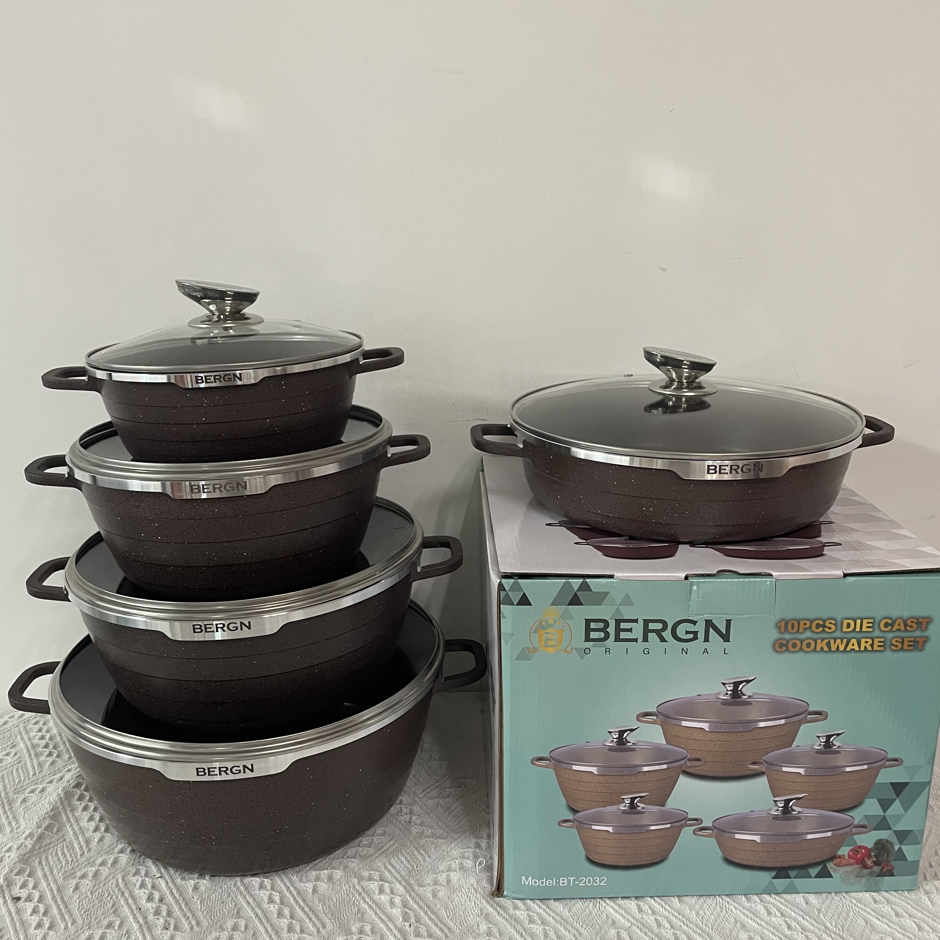 Luxury Bergn Die Cast 10PCS Cookware Set Non-stick Marble Granite Coating Casseroles induction Cooker Spiral Bottom