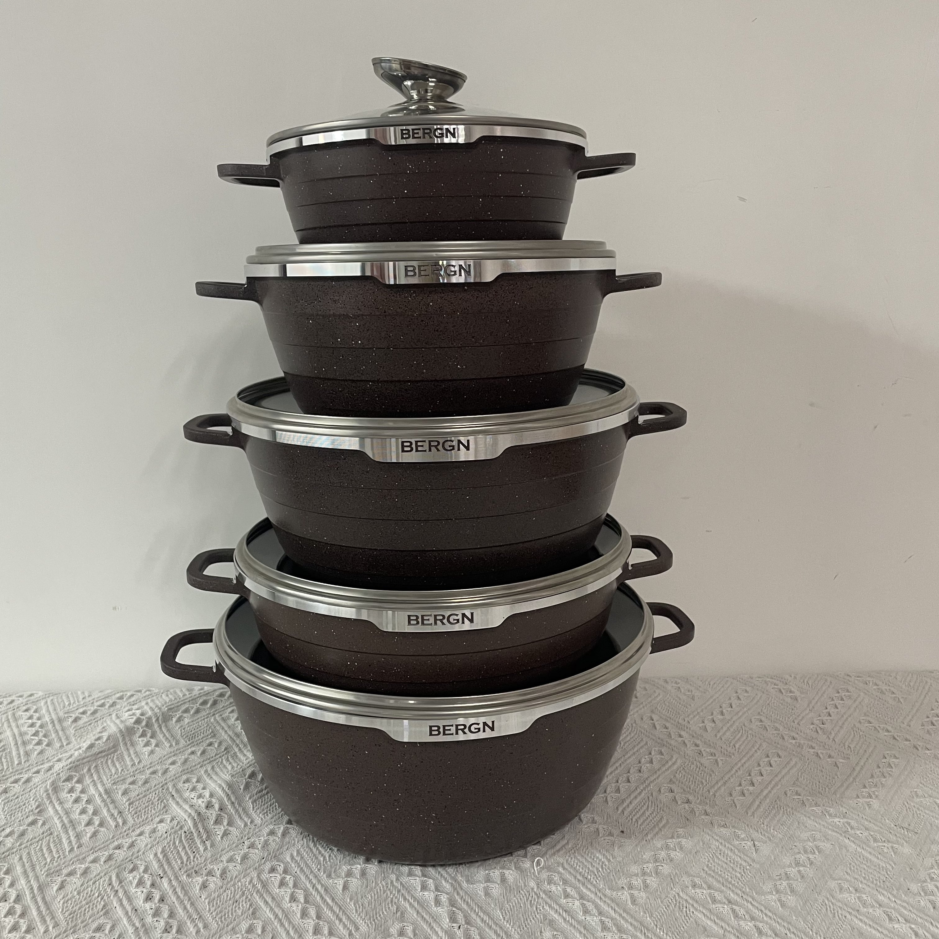 Luxury Bergn Die Cast 10PCS Cookware Set Non-stick Marble Granite Coating Casseroles induction Cooker Spiral Bottom