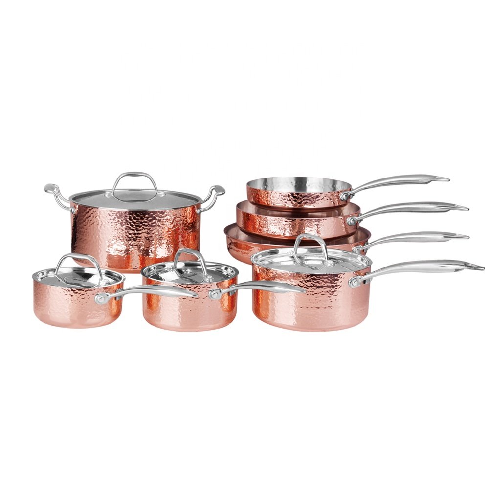 triply copper cookware Fashion Hammered Copper 3 Layer Non Stick Stainless Steel Pots And Pans Cookware Set