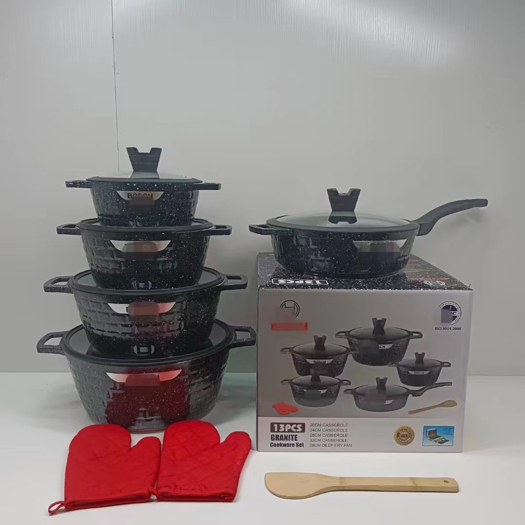 13PCS Outdoor Camping Granite Cookware Set Stainless Steel and Aluminum Pots Pans with Glass Lids Durable Metal Steel Handles