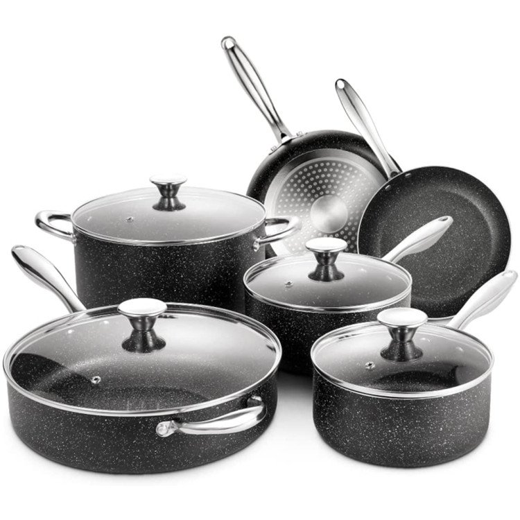 10 pcs Material Metal Feature Eco-Friendly Stocked Germany granite cooking pots frying pan set cookware set for home cooking