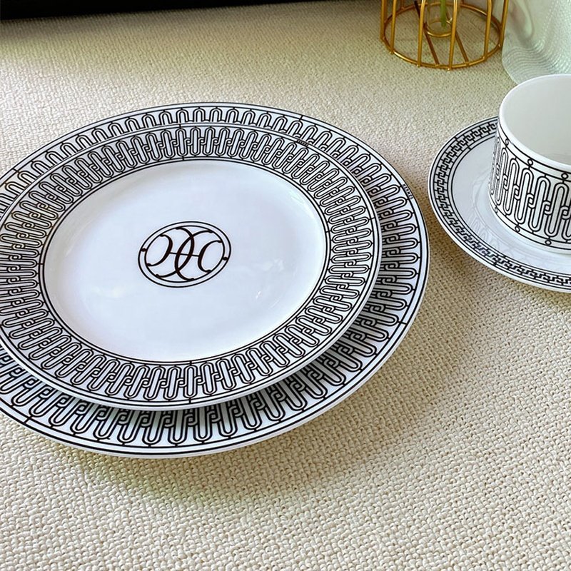 Gray Black Stripe Luxury Home Decors Bone China Dining Room Sets Hecoo Dishes Plates