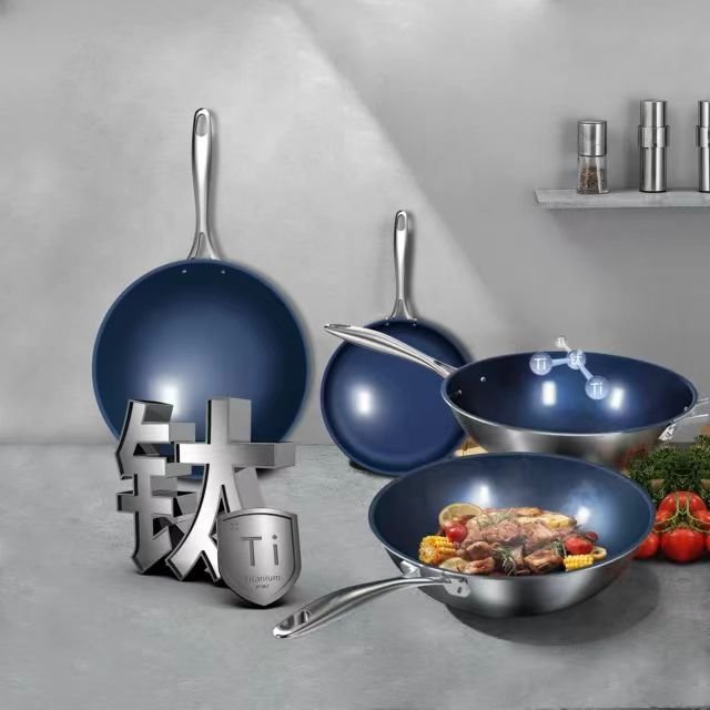 New Design Cookware Kitchen Titanium Blue Non Stick Non Coated Cookware Set Wok Pan Healthy Cookware Pan With Glass Lid