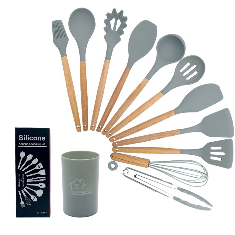 12 in 1 Silicone Utensil Set with Wooden Handle Cooking Tools Utensils Full Set of Kitchen Utensils Cookware Set