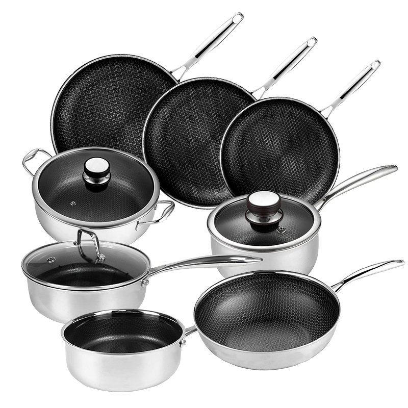 Luxury Pots And Pans Honeycomb Non-stick Cookware Set Triply Stainless Steel 304 And 403 No Chemical Coating Cookware