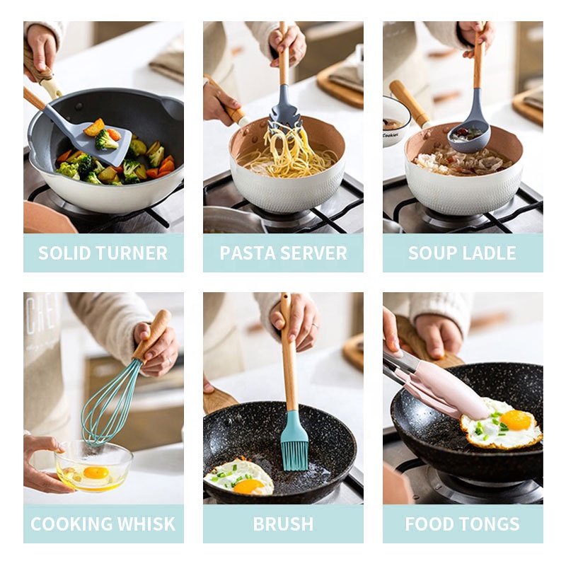 12pcs in 1 set wooden handle kitchenware non stick accessories silicone cooking kitchen utensil set tools with holder box