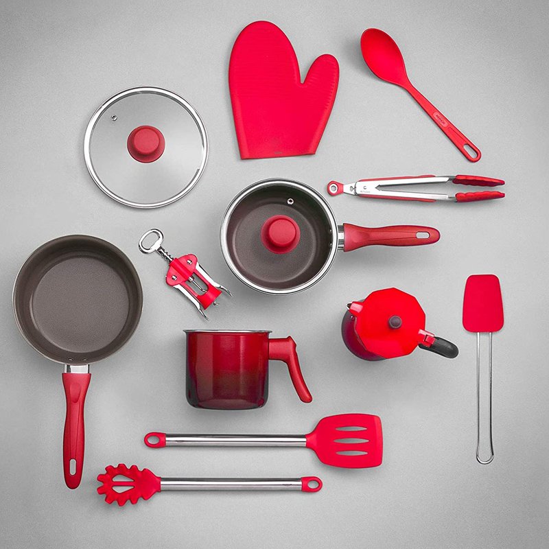 8pcs Aluminum Ceramic non stick cookware set cooking pots Burgundy spiral bottom silicone handle for Brazilian market