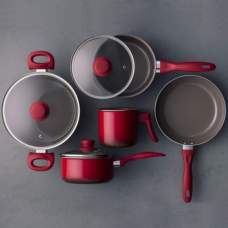8pcs Aluminum Ceramic non stick cookware set cooking pots Burgundy spiral bottom silicone handle for Brazilian market