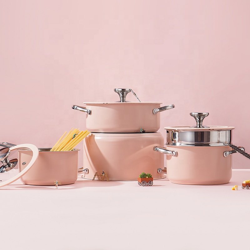 Custom Wholesale Fashion Colorful Stainless Steel 304 Kitchenware Ceramic Painting Casserole Cooking Hot Soup Pot Cookware Sets