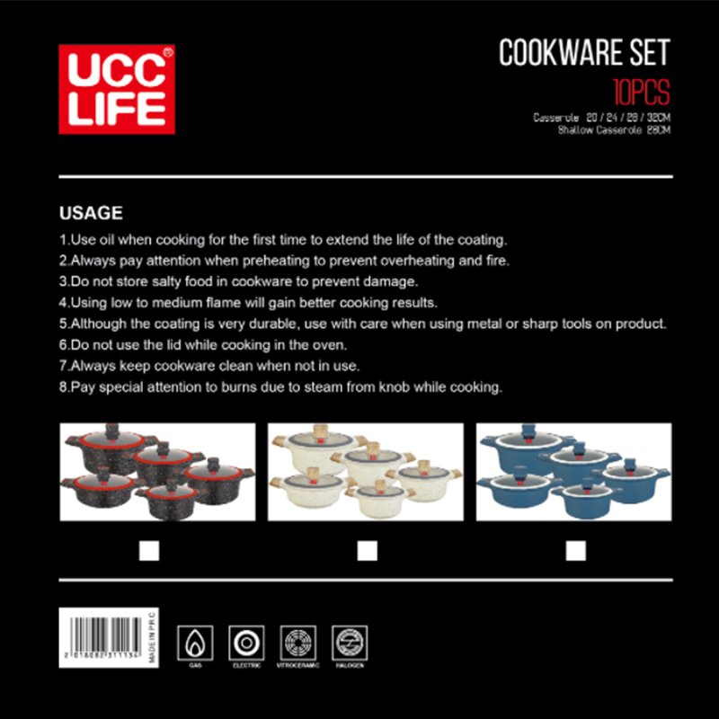 Non-stick cookware set die cast aluminum 10-piece induction cooking pots and pans sets with glass lids for kitchen