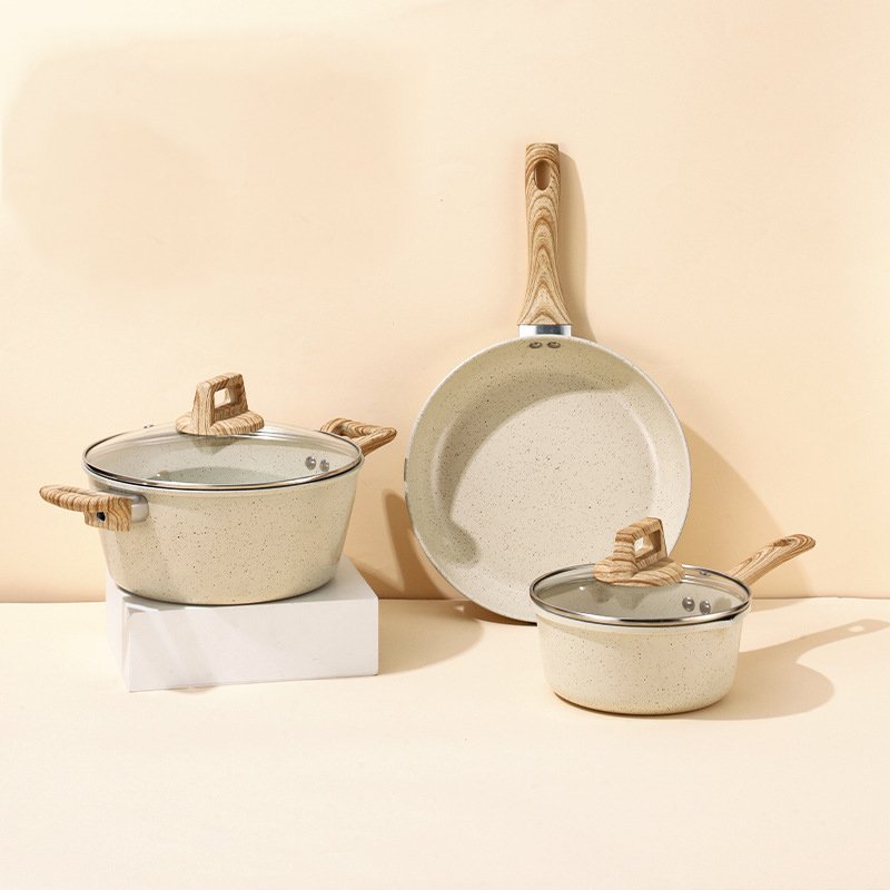Top selling 3003 Aluminum alloy forged stone cookware set Eco-friendly kitchen cookware set with soft touch wood grain handle