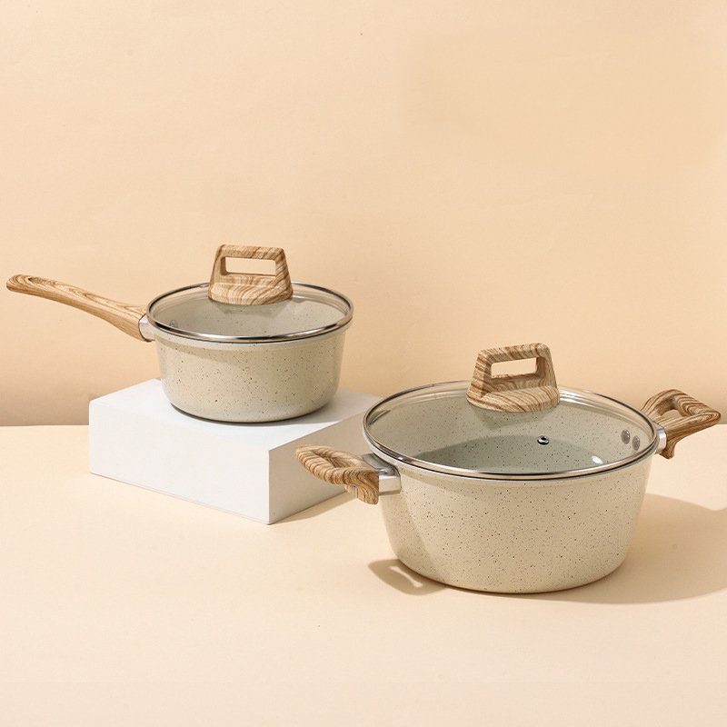 Top selling 3003 Aluminum alloy forged stone cookware set Eco-friendly kitchen cookware set with soft touch wood grain handle
