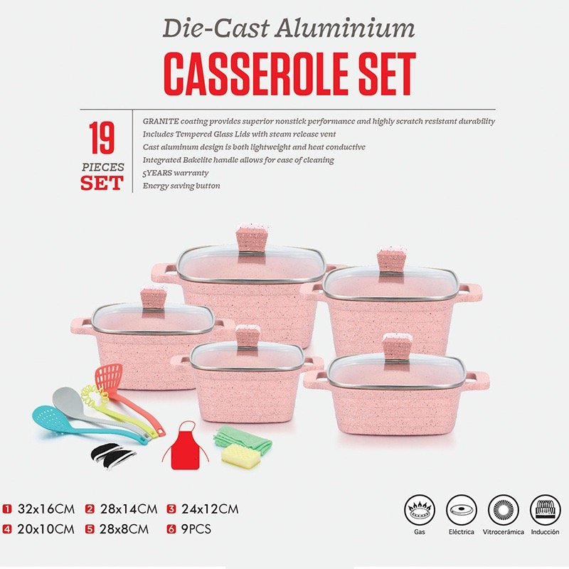 New Design 10pcs Induction, Bottom Aluminum Cookware Set Blue/Red Color Nonstick Glass Lid Cookware Set with Kitchen Tool