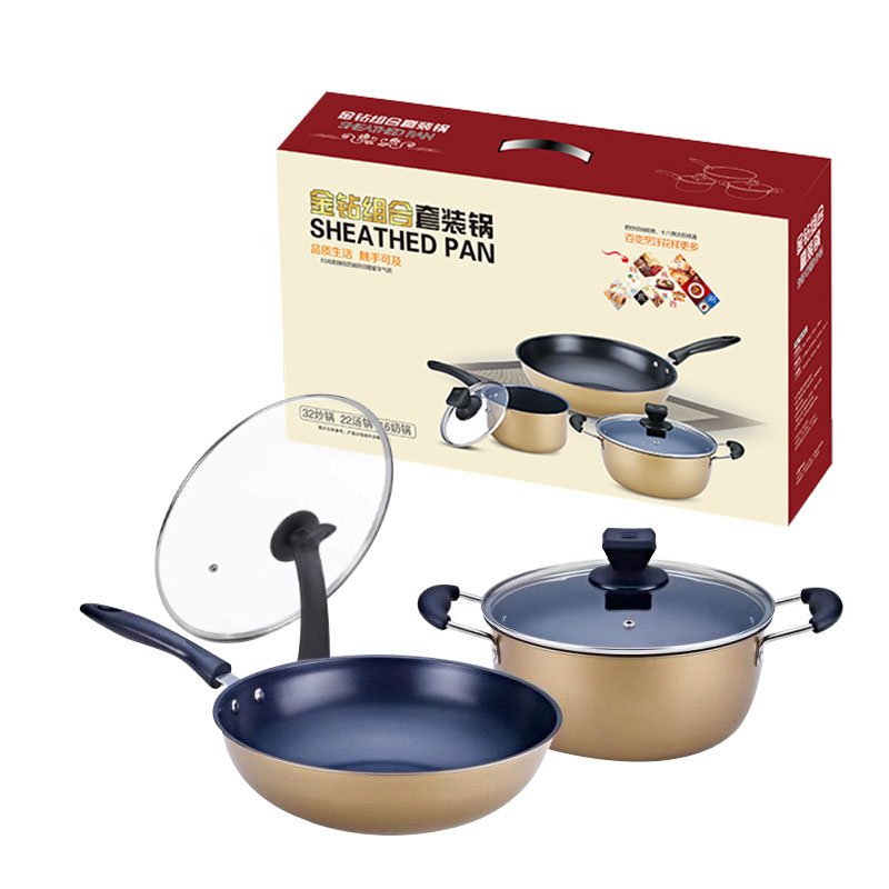 OEM luxury non-stick 3 pieces colored kitchemware cooking none non gold copper stick pot and pans set cookware set