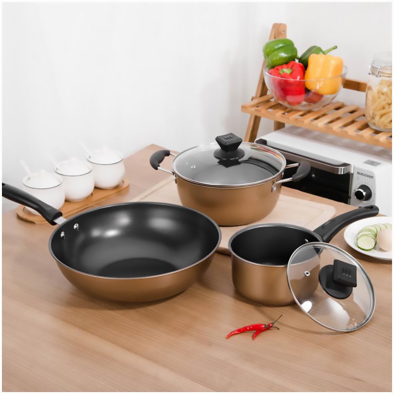 OEM luxury non-stick 3 pieces colored kitchemware cooking none non gold copper stick pot and pans set cookware set