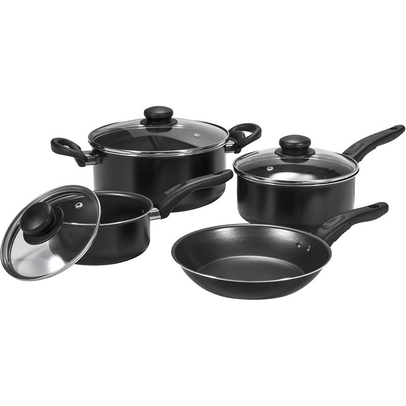 15-Piece Set Kitchen Pots Pans and Utensils Non-Stick Black Aluminum Cookware Set with Glass Lid