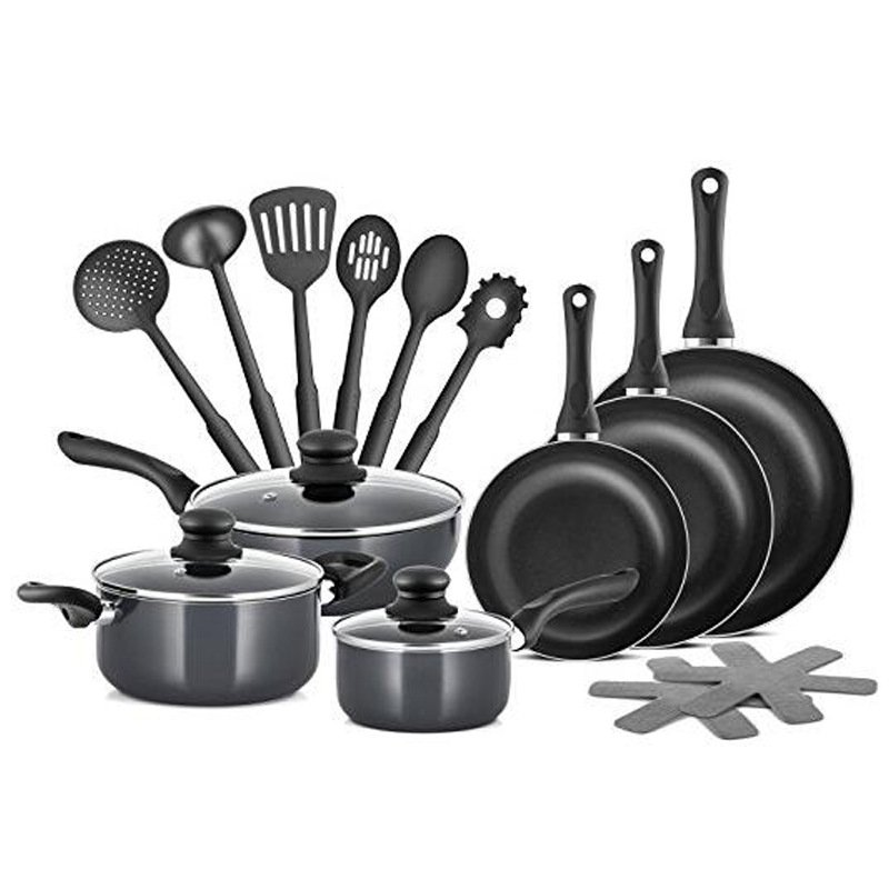 15-Piece Set Kitchen Pots Pans and Utensils Non-Stick Black Aluminum Cookware Set with Glass Lid