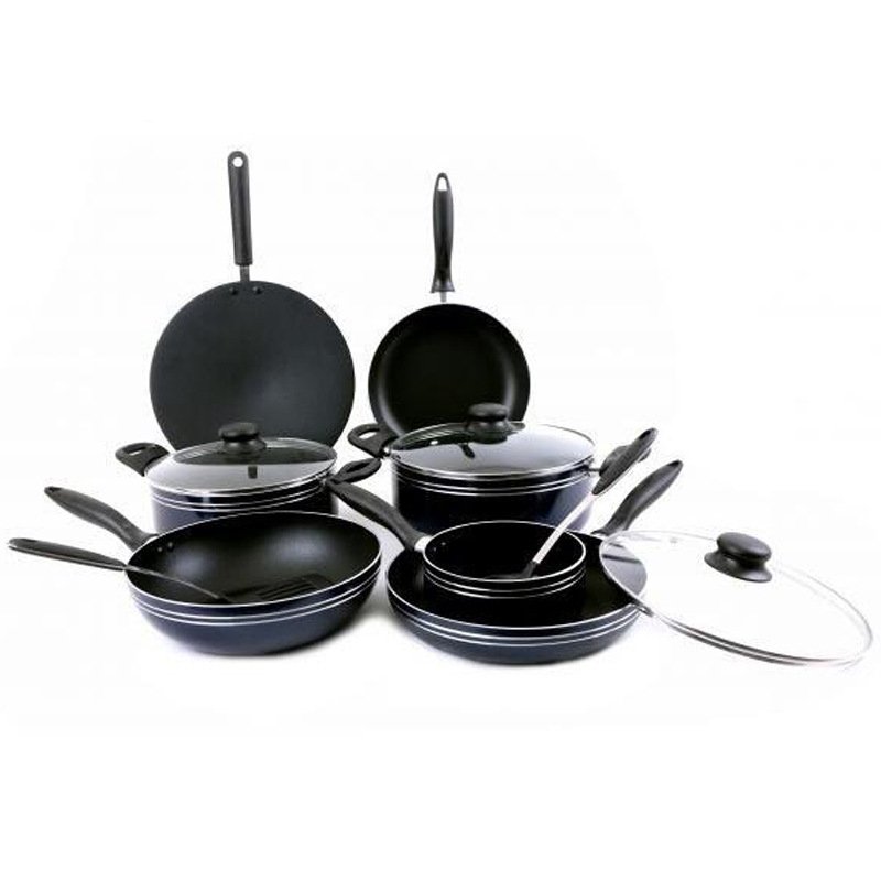 15-Piece Set Kitchen Pots Pans and Utensils Non-Stick Black Aluminum Cookware Set with Glass Lid